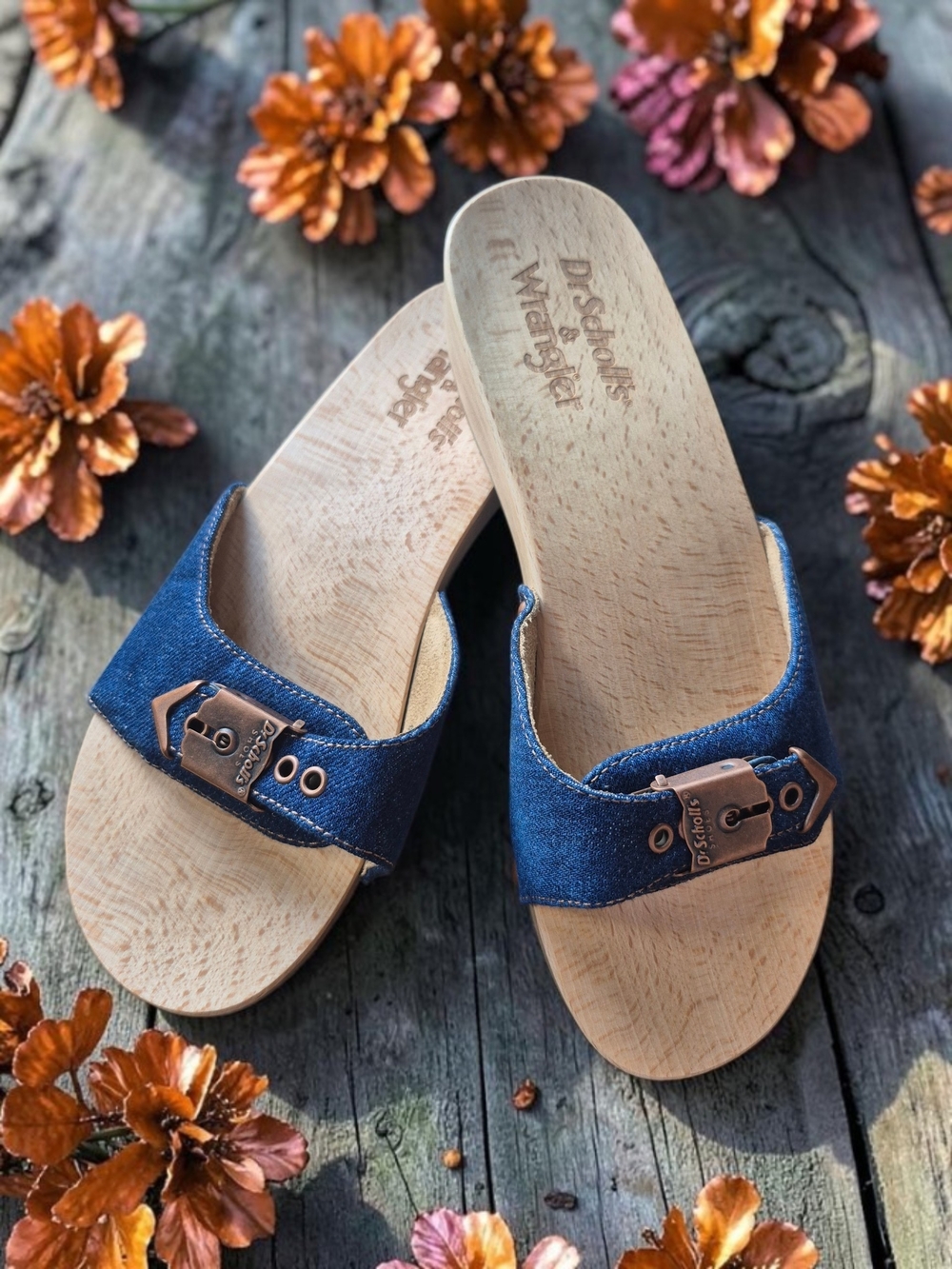 Dr. Scholl's & Wrangler Denim Blue Open Toe Slide On With Copper Buckle Sandals